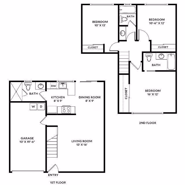 Three Bedroom Two and One Half Bath floor plan